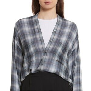 VINCE Shadow Plaid Silk Long Sleeve Twilight Blouse